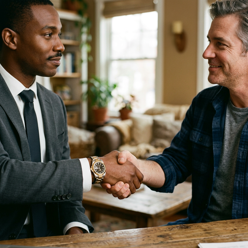 Advisor shaking hands with a client in a home setting