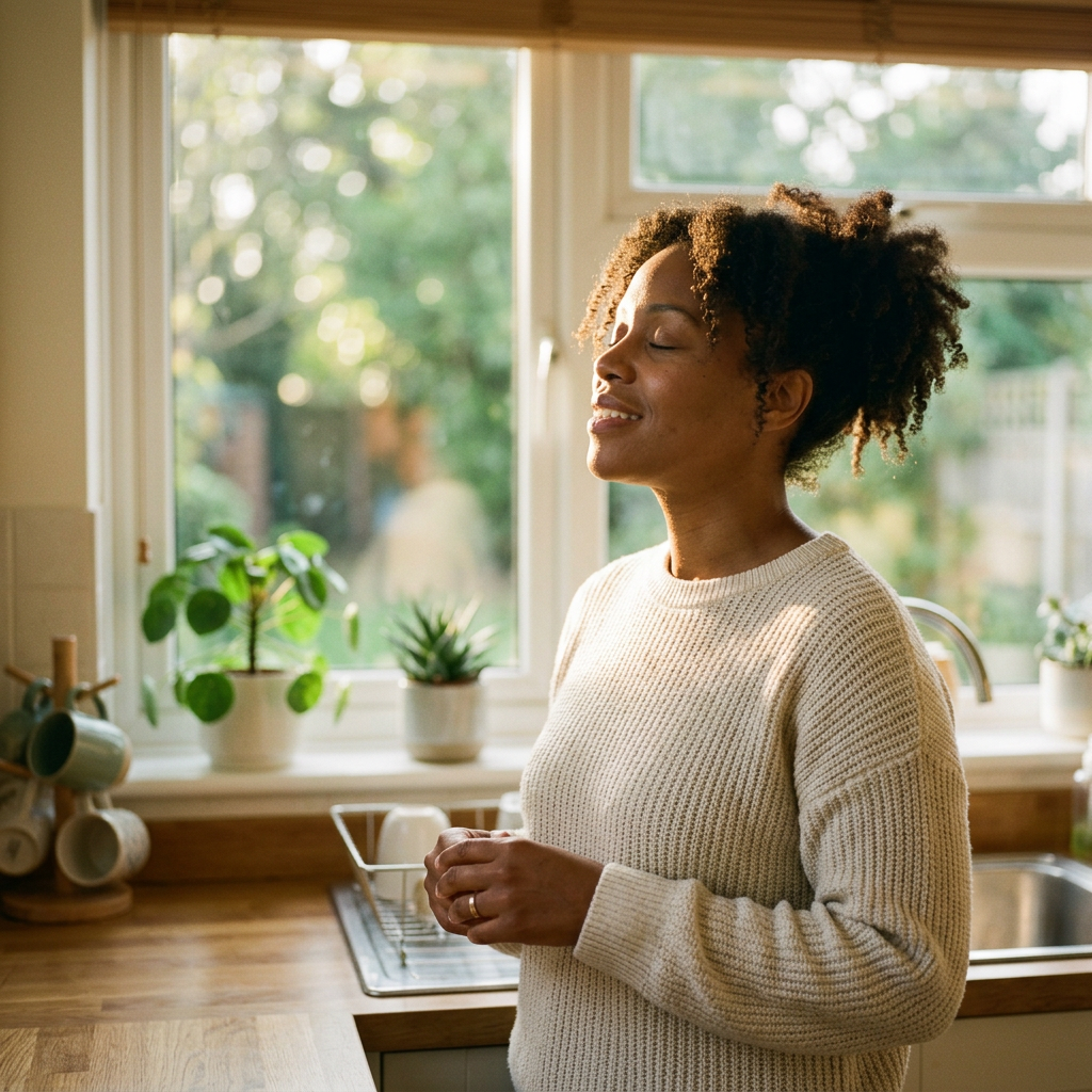 A woman at peace in her kitchen