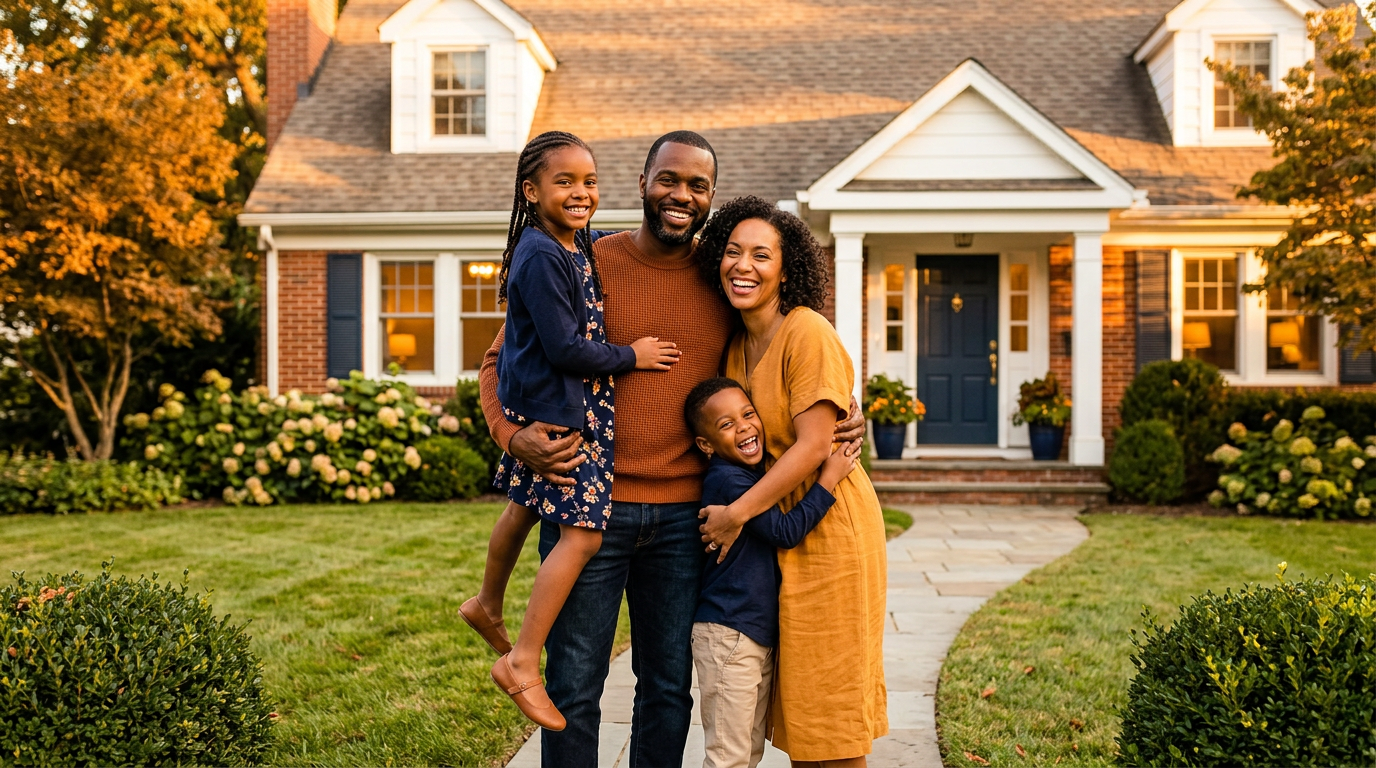Family standing in front of their home