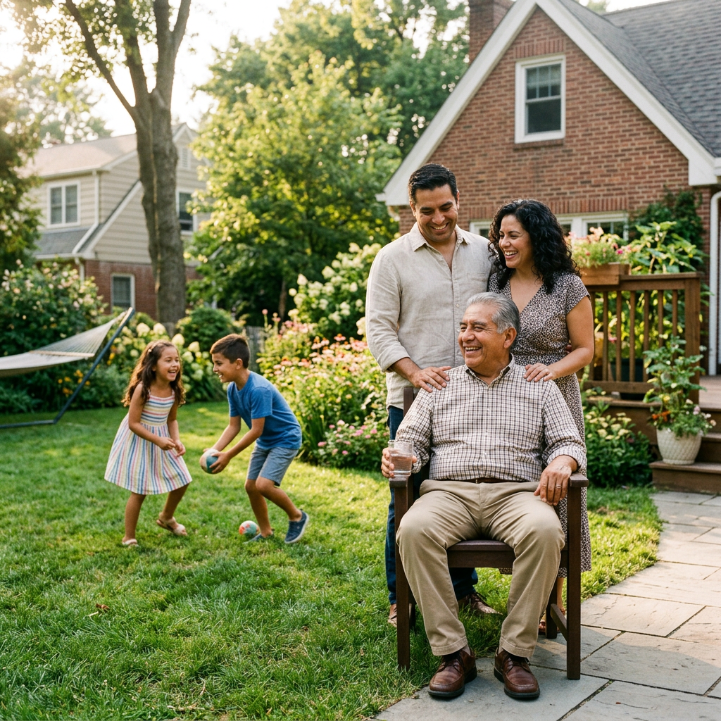 A multigenerational family in a backyard