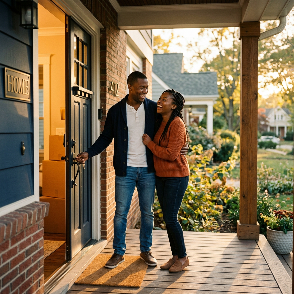 A couple joyfully opening the door to their new home