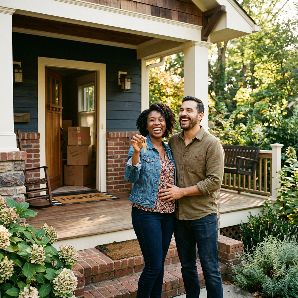 Mixed couple holding new keys